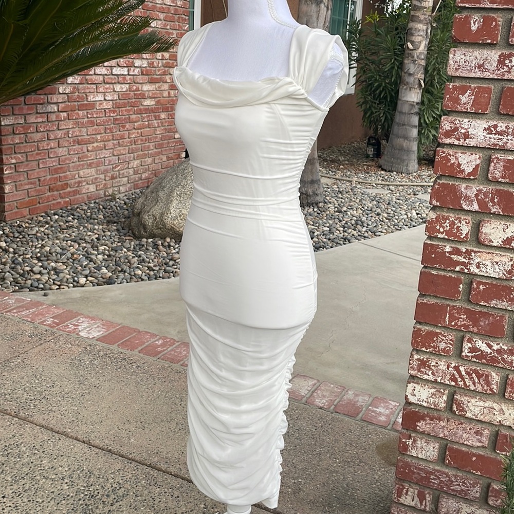 Skin-Tight, Lightly Stretchy, White Midi-Dress with Ruching